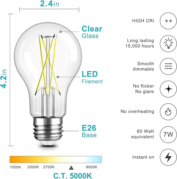 TJOY 24 Pack A19 Vintage LED Edison Bulbs, Dimmable, 60W Equivalent, High Brightness 5000K Daylight, Ultra-Bright, E26 Standard Base, 800 Lumens, CRI80+, Clear Glass Filament Bulb for Home