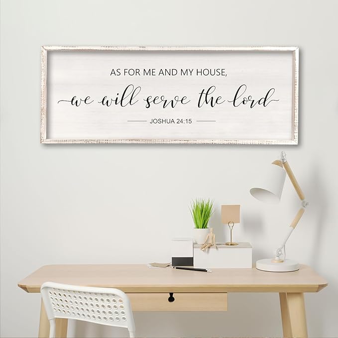 comurdyo As For Me And My House We Will Serve The Lord Wall Decor 32" x 12" Bedroom Above Bed Sign Large Rustic Farmhouse Wood Framed Bible Verse for Religious Scripture Christian Wall Art (White)