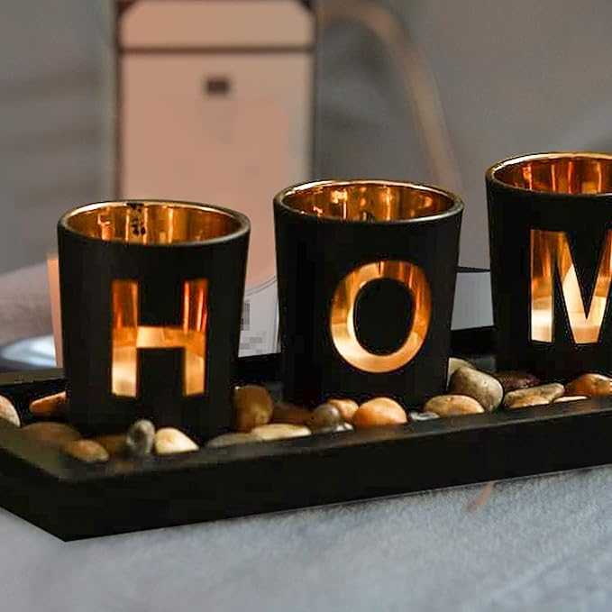 MrMrKura Home Decorative Candle Holder Set, 4 Glass Tea Light Candleholders with Wooden Candle Holders Tray, Natural Pebbles for Home Decor Table Decorations Centerpiece