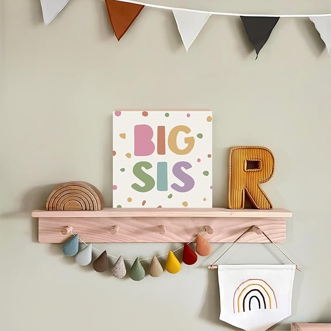 Lacama Boho Girl Nursery Wooden Box Sign, Big Sister Decorations Wood Block Signs, Twin Room Wood Sign for Toddler Girls Room Bedroom Playroom Desk Shelf Wall Decor 5x5 Inches