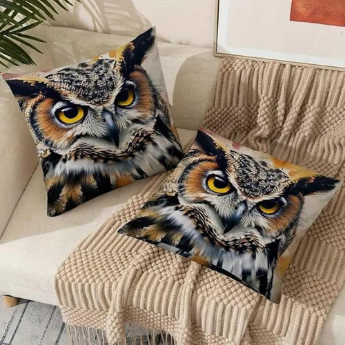 2pcs Decorative Throw Pillow Cover with Realistic Great Horned Owl Print, Nature Wildlife Theme Home Decor Cushion Case，18x18 Pillows Linen Pillowcase