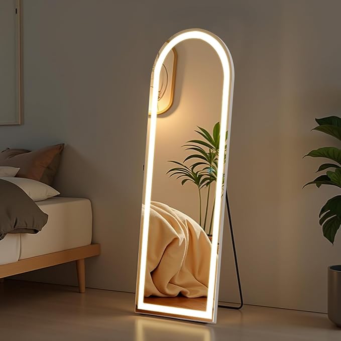 NEWBULIG Arched Full Length Mirror with Stand 16"×60", LED Light Floor Standing with 3 Color Lighting for Bedroom Body Hanging Modern Simple Home Decor Wall Living Room Cloakroom