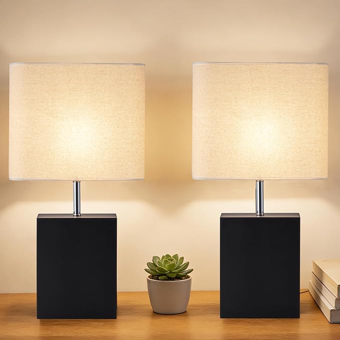 lapupu 23" Wood Table Lamp Set of 2 for Living Room, Modern Bedside Lamps for Bedroom, Large Farmhouse Nightstand Lamp, Desk Lamps for End Table Home Decor, Black
