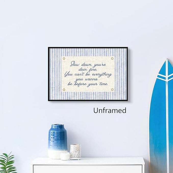 Slow Down You're Doing Fine Canvas Wall Art, Navy Blue Stripes Positive Quote Poster, Daily Affirmations Wall Decor for Bedroom Dorm, Modern Office Inspiring Typography Print 8x12in Unframed