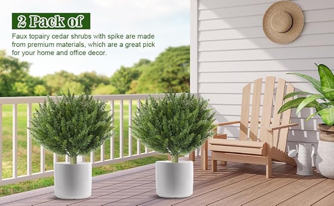 15.7" Christmas Fake Shrubs, Artificial Cedar Ball Tree Plant, 2 Packs of Fake Cedar Outdoor shrubs with Ground Spike, UV Resistant Fake shrubs, Used for Indoor and Outdoor Front Porch Gardens