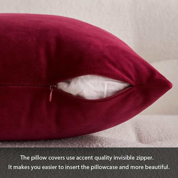 MIULEE Pack of 2 Velvet Soft Solid Decorative Square Throw Pillow Covers Cushion Case for Sofa Couch Bedroom Car 16x16 Inch Wine Red