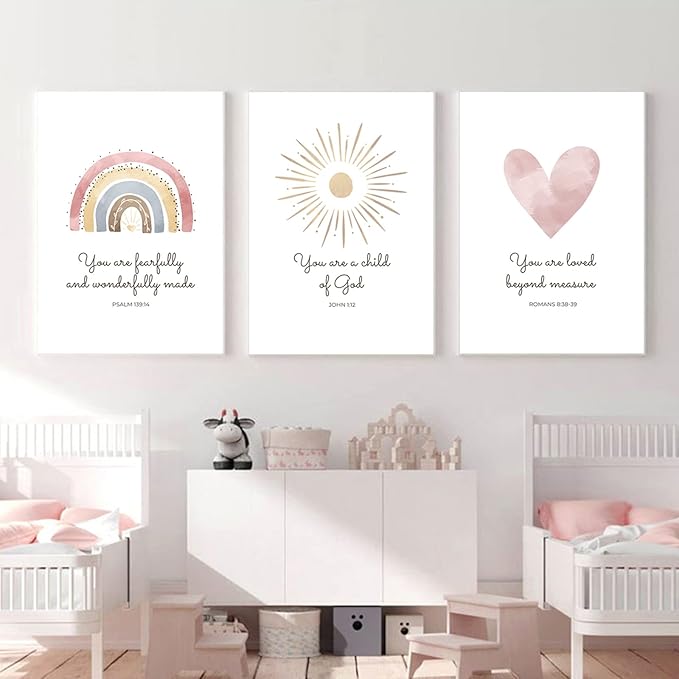 Boho Nursery Wall Art 3 Pieces Bible Verse Nursery Art Christian Girls Nursery Wall Art Heart Rainbow Sun Nursery Art Print Boho Sunshine Decor for Girl Baby Kid Room Decor 12x16 Inch Unframed