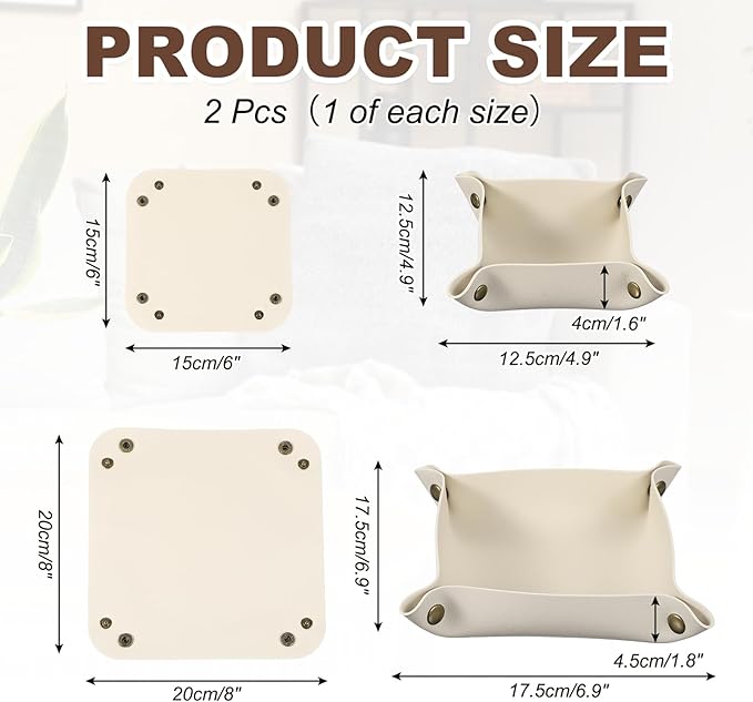 uxcell 2 Pcs Valet Tray for Women and Men, PU Leather Jewelry Tray Entryway Table Bedside Nightstand Catchall Storage Organizer for Jewelry Key Coin Watch Wallet(Square, Beige)