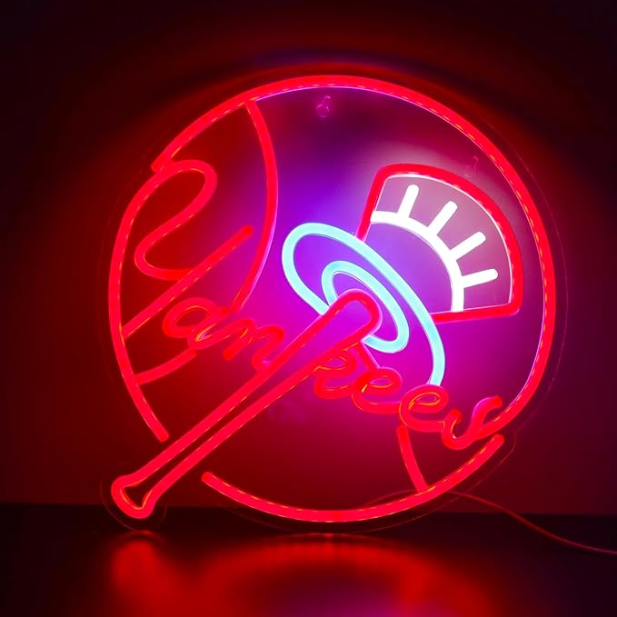 YANKEES Neon Signs for Wall Decor，Baseball Team Neon Lights for Bedroom，LED Signs Suitable for Man Cave，5V Power Adapter，Birthday、Christmas Gifts for Boys 13 * 15Inch(red+blue+white)