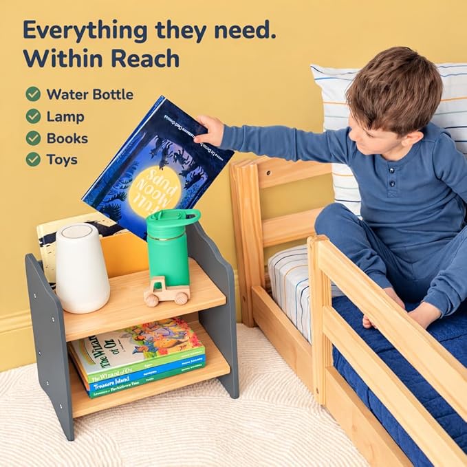 Ocodile Kids Nightstand for Floor Beds, Solid Wood Small Bedside Table with Book Pocket, Low Tiny Nightstand for Nursery, Toddler & Kids Room, Montessori Style Side Table - Gray