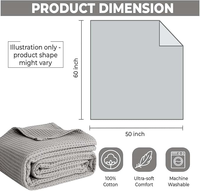 100% Cotton Blankets for Bed - Waffle Weave Blankets for Summer, Lightweight and Breathable Soft Woven Blanket for Spring (Light Grey, Throw (50" x 60"))