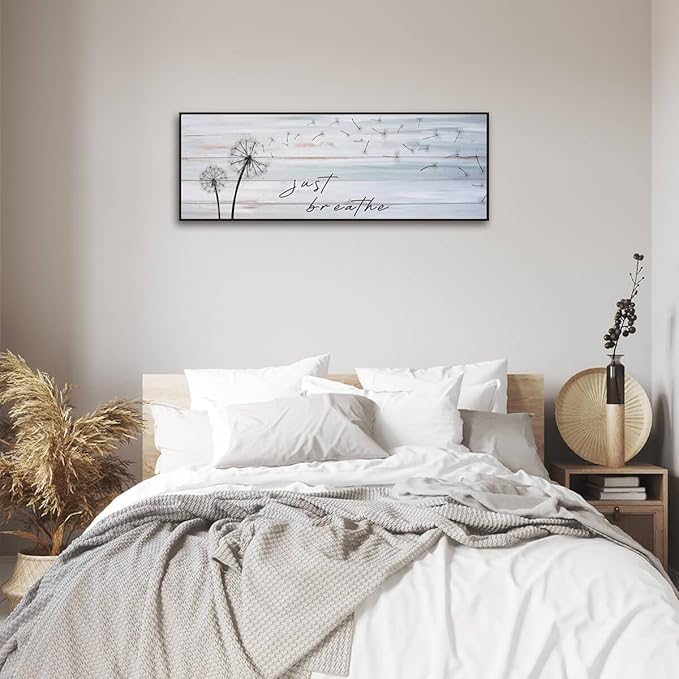 Modern Farmhouse Wall Decor Just Breathe Dandelion Canvas Art Prints Above Bed Bedroom Farmhouse Decor Vintage Bathroom Office(Black Wooden Frame) 43x15inch