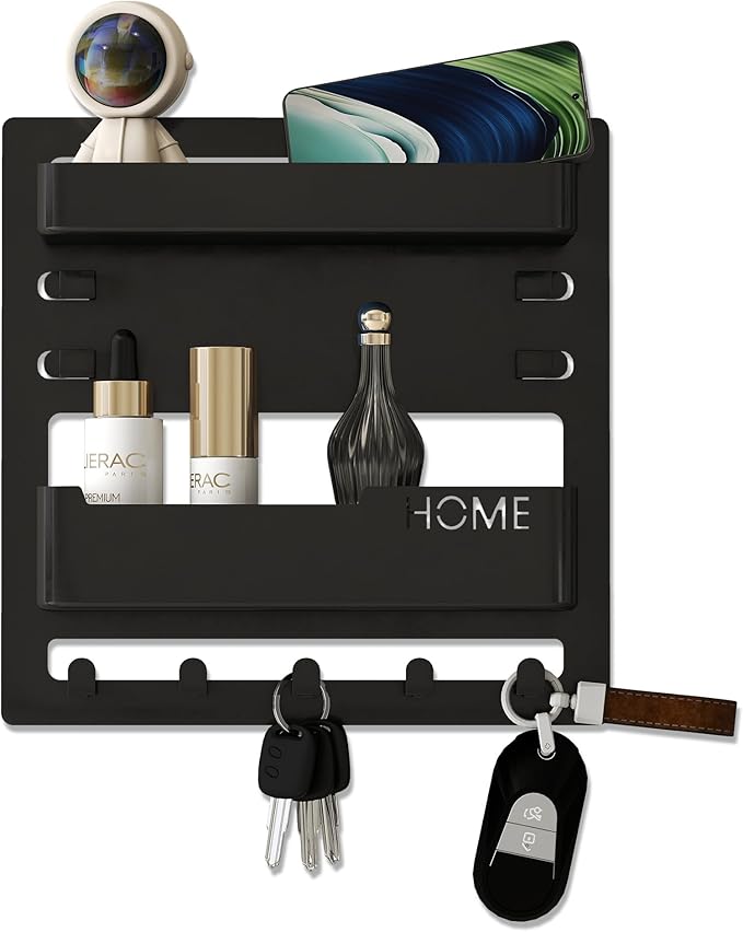 Bedside Wall Shelf Organizer – Black Floating Wall Shelf with Adhesive Mount, Space-Saving Bedside Organizer for Dorm Room & Bedroom Storage – Modern Room Decor for College Girls & Teens (Black)