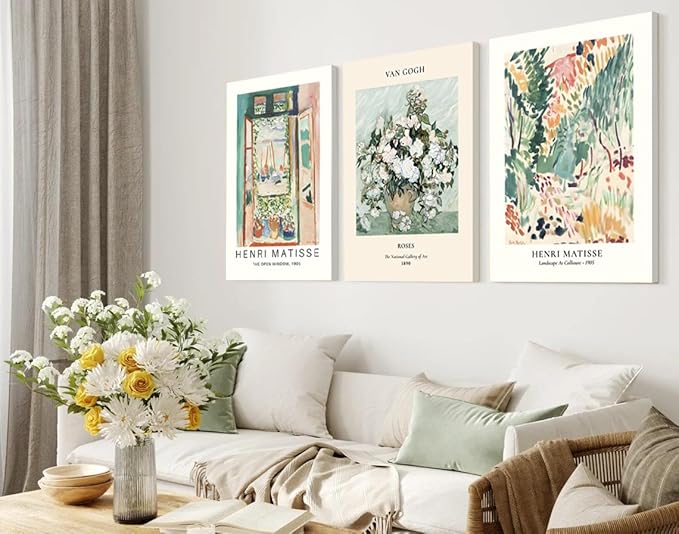 Sage Green Matisse Canvas Wall Art Set of 3 - Van Gogh Floral Pictures Wall Decor, Vintage Artwork Aesthetic Paintings Prints for Living Room Bedroom Bathroom 16x24 inch Framed