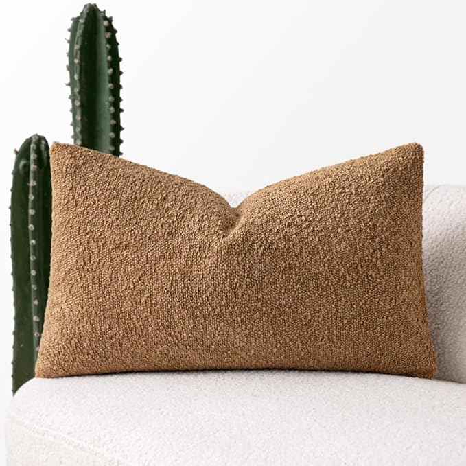 MIULEE Textured Boucle Throw Pillow Cover Brown Accent Solid Lumbar Pillow Case Decorative Vintage Soft Pack of 1 Couch Cushion Mid Century Chair Sofa Bedroom Livingroom Home Decor,22x14 Inch