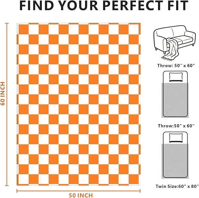 Orange Checkered Blanket, Soft Cozy Fleece Checkered Throw Blankets for Bed Sofa Couch Camping, Ultra Fluffy Throws for All Seasons, 50x60 Inch, Orange