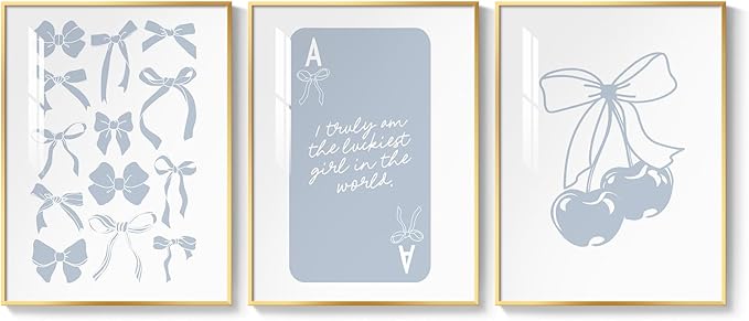 Framed Preppy Blue Wall Art for Room Decor, 3 Piece Bow Cherry Girly Artwork for Walls, Cute Aesthetic Blue Canvas Prints for Girls Bedroom Living Room Girly Room Apartment Wall Decor, 12x16 Inch