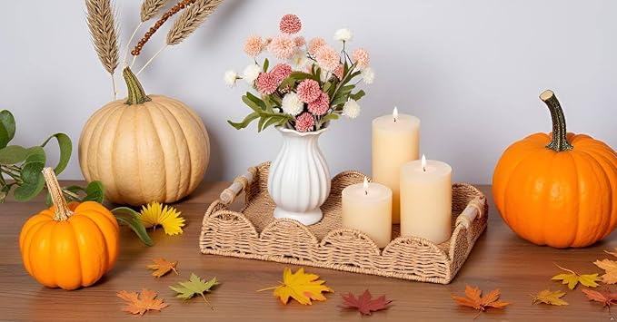 CubesLand Rectangle Scalloped Decorative Centerpiece Tray for Coffee Table, Home Decor, Living Room - Neutral Tray w/Wooden Handle – Warm and Elegant for Holidays, Housewarmings - Candle Plate Holder