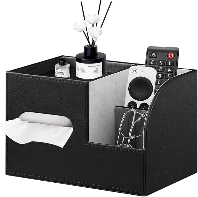 PU Leather Tissue Box Cover Square, Tissue Box Holder Organizer with Storage Tray and Remote Control Holder for Bathroom Countertop Night Stands Bedroom Office Desk,Napkin Caddy Decorative Black