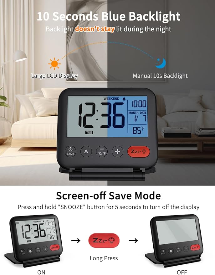NOKLEAD Digital Travel Alarm Clock for Bedroom Office: Small LCD Desk Clock with Backlight Date Temperature Snooze 12/24H Weekend Mode and Mirror, Battery Powered Folding Bedside Clock for Adult Kids