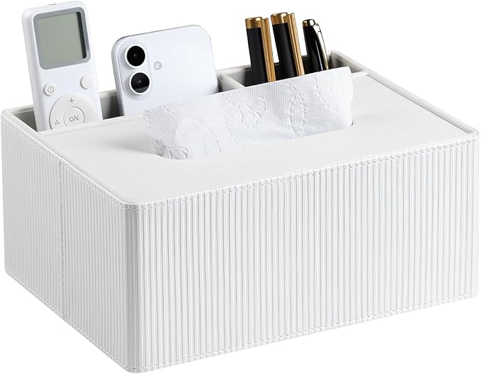 Tissue Box Cover Rectangle with 2 Compartments Remote Holder, PU Leather Tissue Box Holder Rectangle for Livingroom NightStand, Tissue Holder for 120(3-Ply)/160(2-Ply) Tissue Box (Ivory)