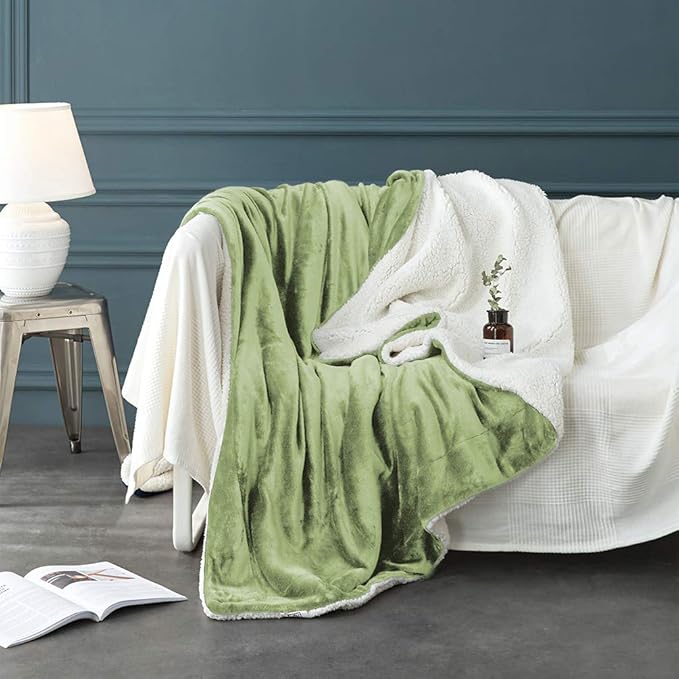 LBRO2M Sherpa Fleece Bed Blanket Twin Size Super Soft Fuzzy Plush Warm Cozy Fluffy Microfiber Couch Throw Velvet Double Reversible Luxurious Blankets,Sage Green