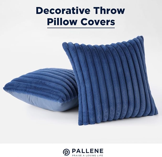 Pallene Faux Fur Plush Throw Pillow Covers 20x20 Set of 2, Luxury Soft Fluffy Striped Decorative Pillow Covers for Sofa, Couch, Living Room, Navy Blue