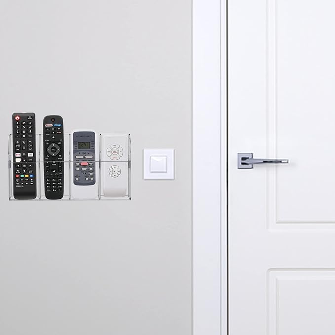 HBlife Acrylic Remote Holder Organizer, Clear TV Remote Control Wall Mount Caddy for Bedside, 4 Compartments