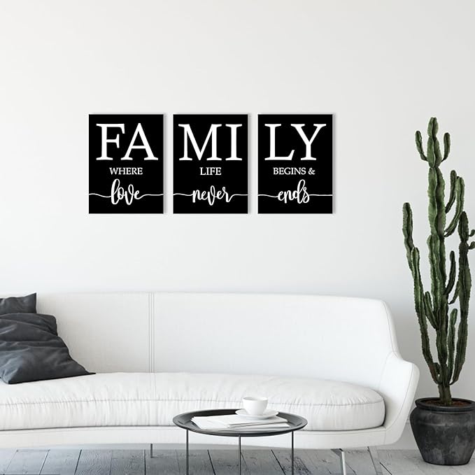 Family Where Life Begins And Love Never Ends Wall Art:3 Piece Love Quotes Wall Decor Above Bed,Modern Minimalist Family Signs Country Farmhouse Decor for Living Room Bedroom 12"x16"
