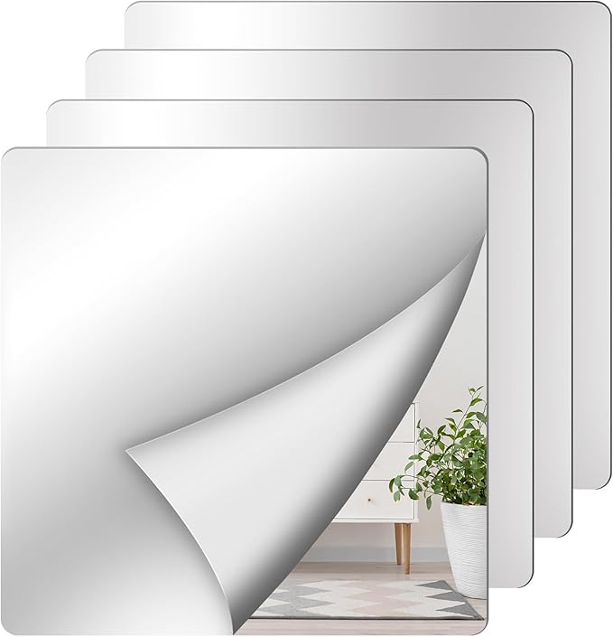Wall Stickers - Unbreakable Self-Adhesive Mirror Tiles for Bedroom, Home, Gym, Door - Acrylic Shatterproof Sheets, Panels (8x8 Inch, 4 Pcs)