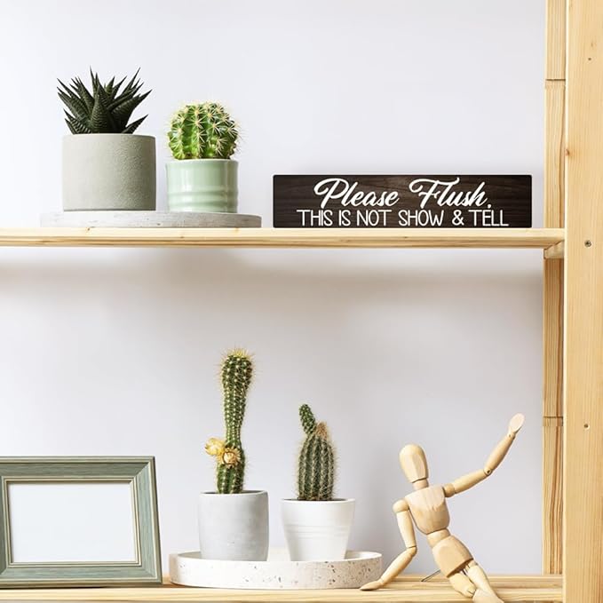 AGMDESIGN Please Flush This is Not Show and Tell Wood Sign, Funny Bathroom Decor for Shelf Wall Desk, Humorous Restroom Sign for Home Office Cafe, Farmhouse Bedroom Toilet Wooden Hanging Plaque