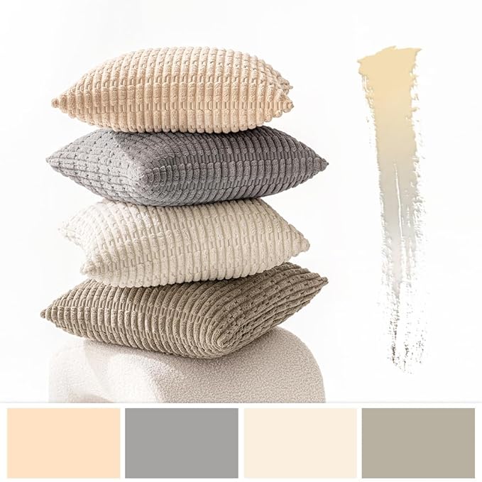 MIULEE Pack of 4 Neutral Corduroy Decorative Throw Pillow Covers 16x16 Inch for Sofa Living Room Couch Bed Rustic Farmhouse Boho Soft Striped Pillow Covers Home Decor Beige and Brown
