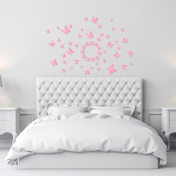 BBTO 48 Pieces Butterfly Wall Decor DIY 3D Mirror Butterfly Stickers Removable Decals Crafts for Birthday Party Bedroom School Bathroom Living Room Decor(Pink)