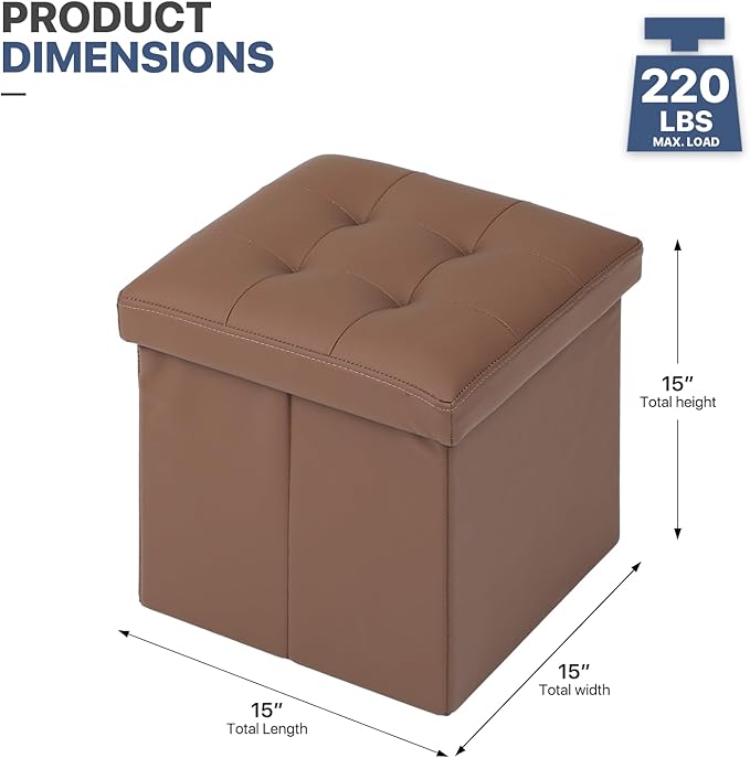 MoNiBloom Folding Storage Ottoman Cube, 15 Inches Small Ottoman with Storage, Footstool Rest Padded Seat for Living Room, Bedroom, Entryway, Hallway, Brown