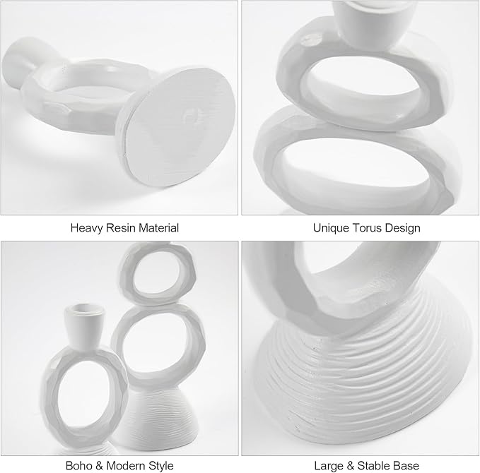 White Taper Candle Holders for Candlesticks, Unique Decorative Candlesticks Holder Home Decor Set of 2 for Fall Thanksgiving Wedding Table Centerpiece Decorations, Modern Aesthetic Room Decor（Resin）