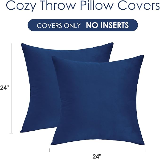 Throw Pillow Covers Decorative Velvet Set of 2 24x24 Inch Pillow Covers, Soft Navy Blue Large Pillowcases for Couch Sofa Bed Living Room, Farmhouse Home Boho Decor, Accent Cushion Covers