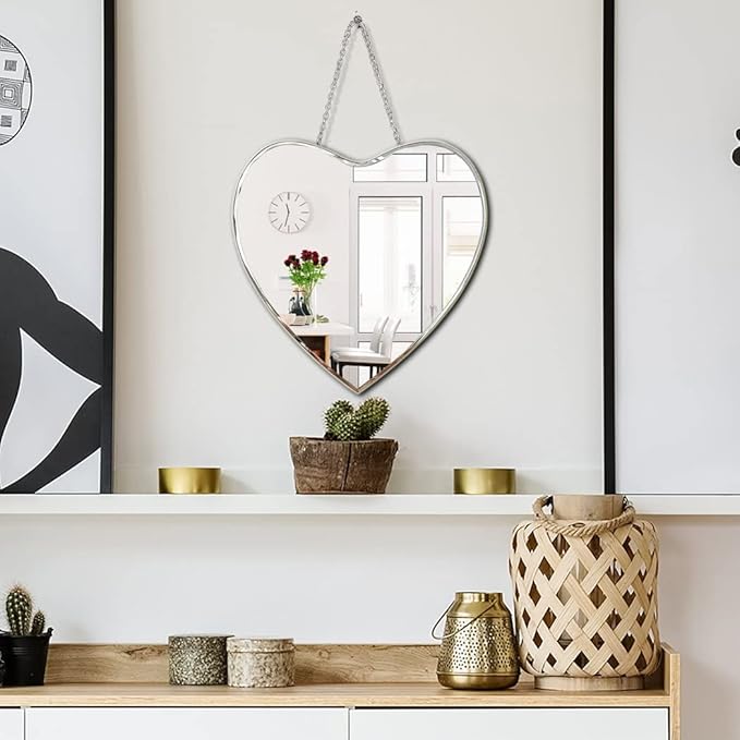 Heart Shaped Mirror with Iron Chain for Wall Decor 12x12 Inch - Wall Hang Real Glass Frameless Decorative Glam Mirror