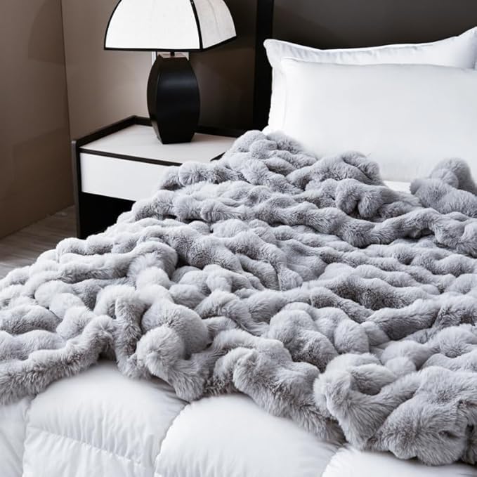 H&D Faux Fur Throw Blanket for Couch,Fluffy Cozy Soft Plush Luxury Thick Fuzzy Fleece Blanket for Couch Bed Sofa Bedroom Living Room,Comfy Bubble Blanket(Gray, Queen 80"x90")