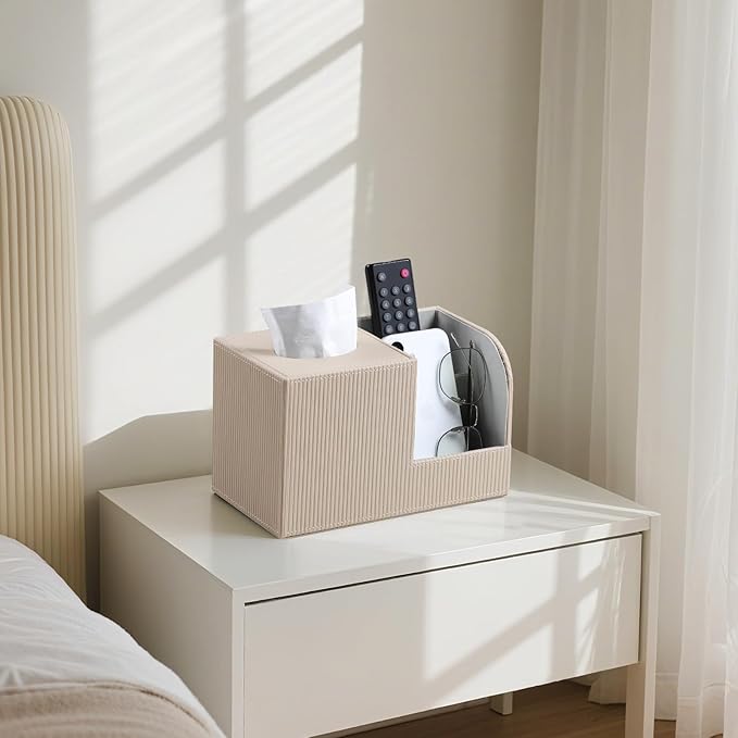 Square Tissue Box Cover with 2 Compartments Storage Organizer, PU Leather Tissue Box Holder with Remote Control Holder for Livingroom Nightstand, Multifunctional Cube Tissue Holder (Beige)