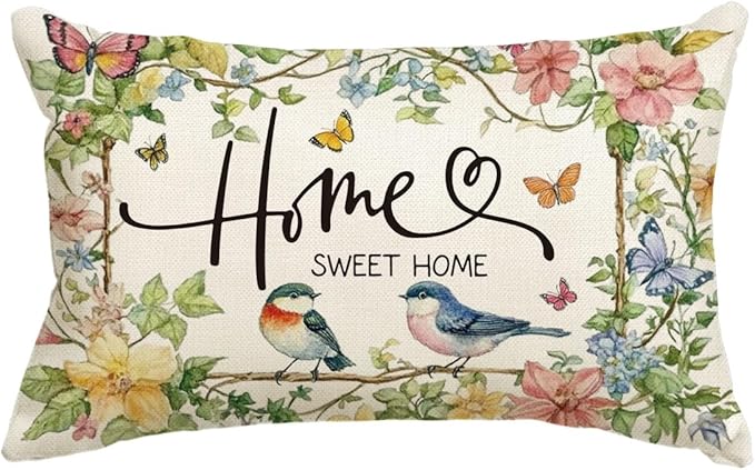 AVOIN colorlife Home Sweet Home Birds Floral Throw Pillow Cover, 12 x 20 Inch Spring Summer Flowers Cushion Case Decoration for Sofa Couch Living Room Bedroom Decor