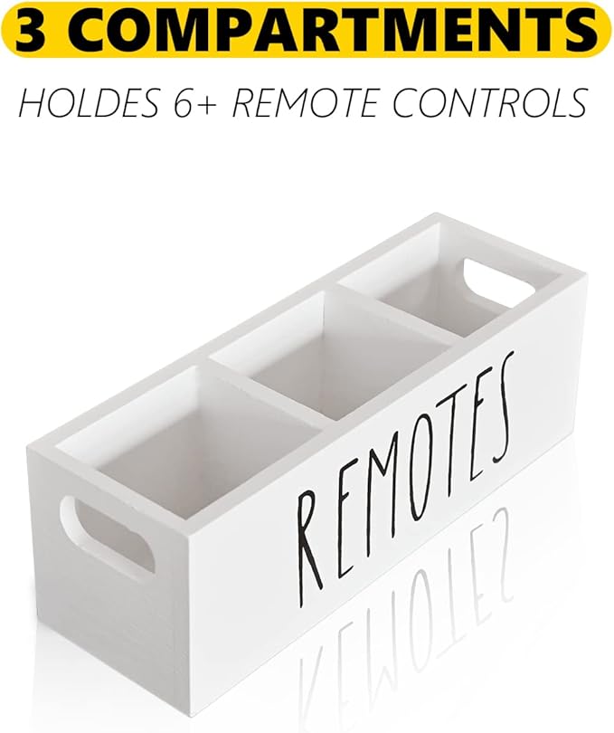 CHONIC Remote Control Holder, Farmhouse Remote Storage Caddy, Bedside TV Controller Box, Rustic Wood Media Organizer Tray for Home Bedroom Table (White)