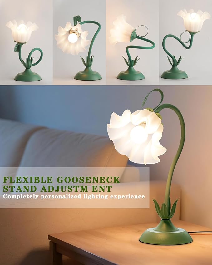 Flower Table Lamp, LED Reading Light Vintage Bedside Table Lamp with 3 Color Modes for Nightstand, Kawaii Decoration for Home Bedroom Living Room (Green)