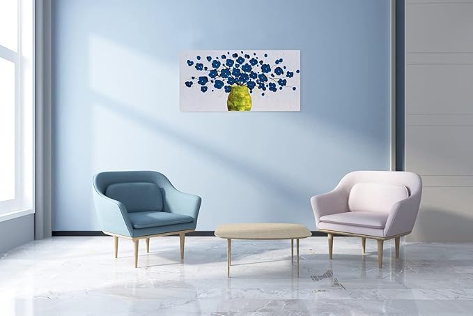 SYGALLERIER Blue Flower Canvas Wall Art in Vase with 3D Hand Painted Textured Modern Aesthetic Botanical Pictures Contemporary Oil Paintings for Living Room Bedroom Dinning Decor