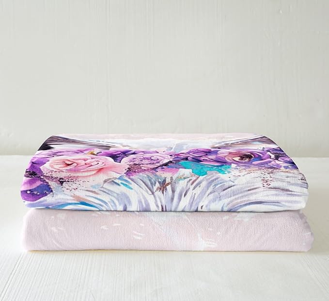 3D Wolf Sherpa Blanket, Wild Animal Blooming Flower Splash Watercolour Tie Dye Throw, Decorative Sofa Fleece Blanket, Twin 60"x80", Black White