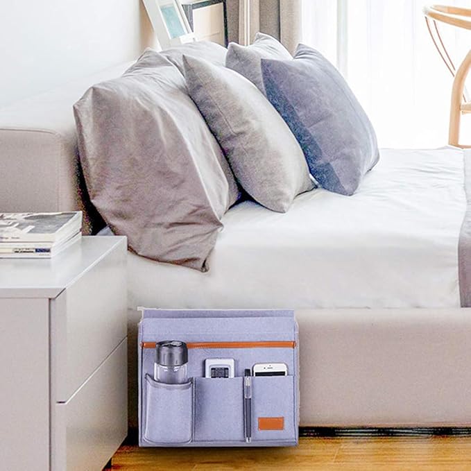 Bringsine Bedside Caddy, Felt Bed Storage Organizer Hanging Bag Holder with 5 Pockets for Magazine Book Phone Tablet iPad Cables Remote & Water Bottle Holder Home Dorm Bed Sofa-Light Gray