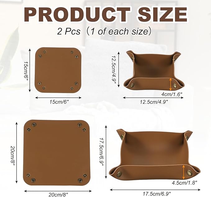 uxcell 2 Pcs Valet Tray for Women and Men, PU Leather Jewelry Tray Entryway Table Bedside Nightstand Catchall Storage Organizer for Jewelry Key Coin Watch Wallet(Square, Brown)