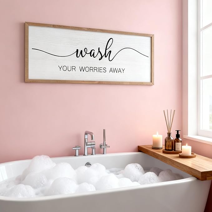Foutcheou Funny Wash Your Worries Away Bathroom Wall Decor Sign 32x12 Inch Framed Wooden Wall Art with Inspirational Quote, Farmhouse for Home Laundry Room Guest Powder Room Wall Decor