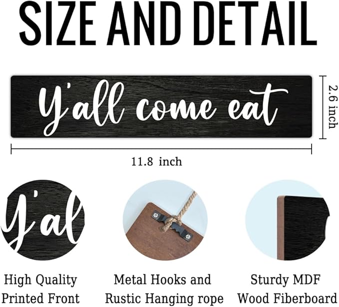 AGMDESIGN Y'all Come Eat Wood Sign, Rustic Kitchen Dining Room Wall Decor for Shelf Desk Door, Farmhouse Living Room Cafe Bar Restaurant Hanging Wooden Plaque, New Home Gifts for Friends Coworkers