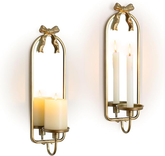 Gold Candle Sconces Wall Decor: Modern Decorative Wall Candle Holder Set of Two for Bedroom - Vintage French Metal Bow Mirror Sconces Beside Fireplace TV