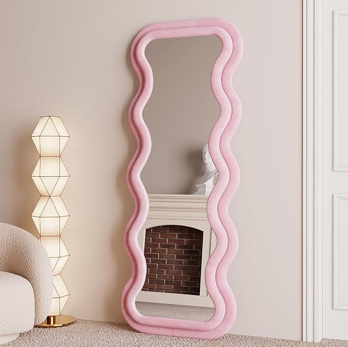 BOJOY Full Length Wavy Mirror, 63"x24", Arched Floor & Wall Mirror - Standing, Hanging or Leaning - Flannel Wrapped Wooden Frame - Pink
